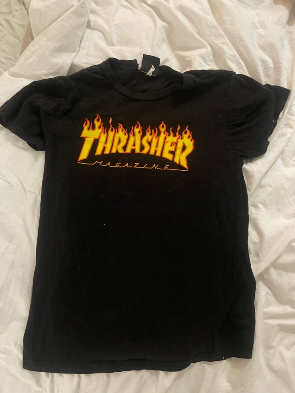 Thrasher Black Tee with Yellow-Orange Flame Graphic